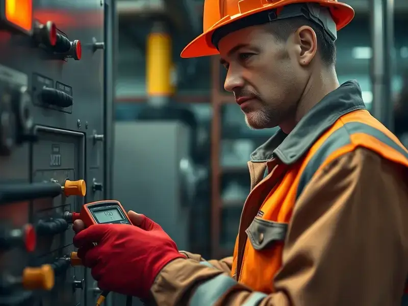 Professional HVAC technician checking industrial boiler